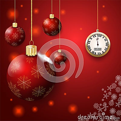 Christmas decorations for Christmas and new year holidays in the form of four glass balls on beads on a red background of gradient Vector Illustration