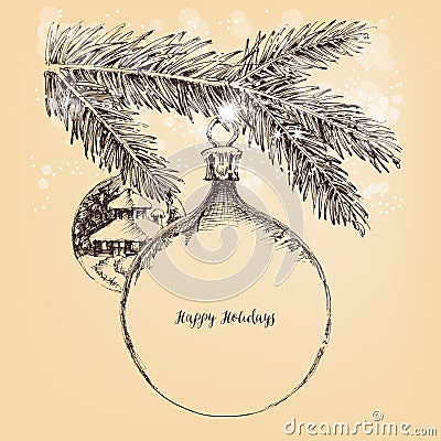 Christmas decorations and pine tree twigs Vector Illustration