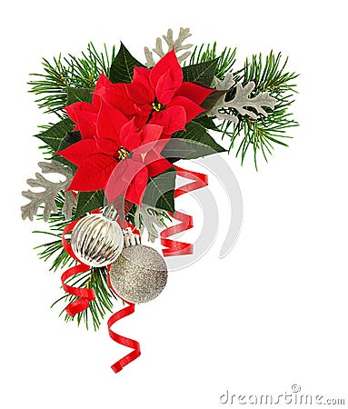 Christmas decorations and poinsettia flowers in a holiday corner Stock Photo