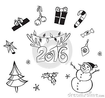 Christmas decorations set. Vector icons. Design elements collection. Cartoon objects. Snowmen,deer, pine tree,holly berry, gifts. Vector Illustration