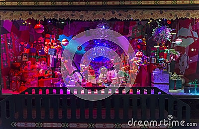 Christmas decorations in the shop window of Galeries Lafayette Paris Haussmann department store Editorial Stock Photo