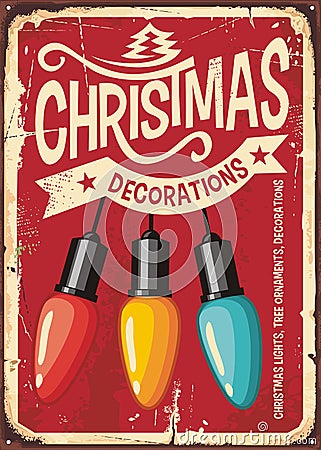 Christmas decorations store vintage metal sign with colorful lights Vector Illustration