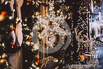 Christmas decorations - window lights, luminous star close-up Stock Photo
