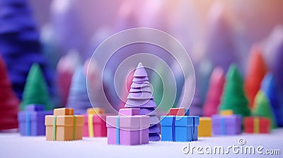 christmas decorative background with papercut gifts and colored xmas trees - Generative AI Stock Photo