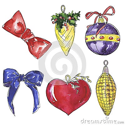 Christmas decorative balls and bows sketches. Cartoon Illustration