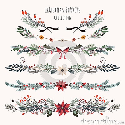 Christmas decorative borders with hand drawn floral branches Vector Illustration