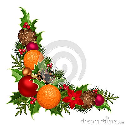 Christmas decorative corner with balls, holly, poinsettia, cones and oranges. Vector illustration. Vector Illustration