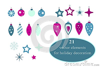 Christmas decorative elements collection. Set of 21 elements. Vector flat holiday stickers design in pink and blue colors. Vector Illustration