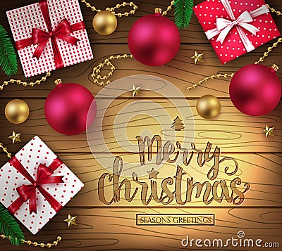 Christmas Decorative Greeting Poster in Brown Wooden Background Vector Illustration