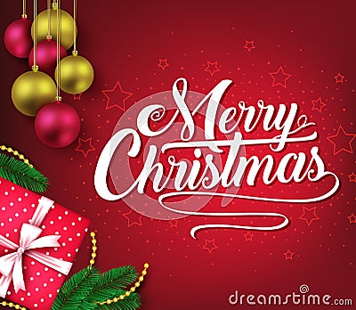 Christmas Decorative Greeting Poster in Red Vignette Background with Christmas Balls Vector Illustration