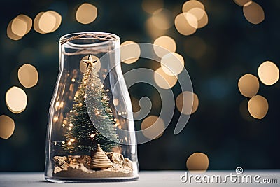 Christmas decorative lights and trees in a glass jar, bauble. New year's evening. Christmas gift. Stock Photo