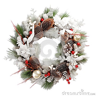 Christmas decorative wreath of holly, ivy, mistletoe, cedar and leyland leaf winter with pine cones isolated Transparent png Stock Photo