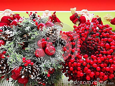 Christmas decorative wreaths and Santa Clauses Stock Photo