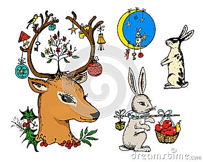 Christmas deer and animal with flowers in the horns. New Year hare and rabbit or bunny in the forest. winter holidays Vector Illustration