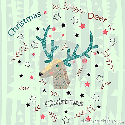 Christmas deer with blue-green decorated horns. Scandinavian style, set of elements. Childish design. Hand-drawn Vector Illustration