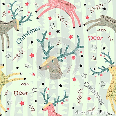 Christmas deer with blue-green horns gallops. Wild forest animals. Scandinavian style. Baby design. Seamless pattern. Stock Photo