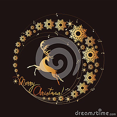 Christmas deer in the golden circle of music and snowflakes. Merry Christmas! Vector Illustration