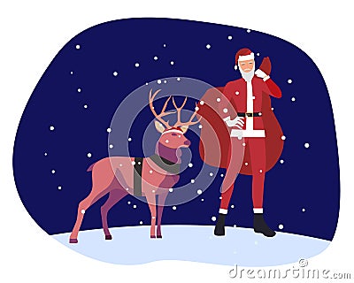 Rudolph Cristmas raindeer helps Santa Vector Illustration