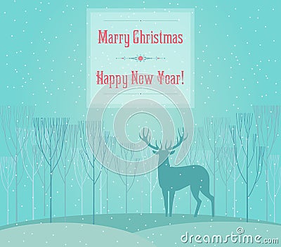 Christmas deer. Merry Christmas and Happy New Year card with deer in fog forest. Deer decorative silhouette. Vector Illustration