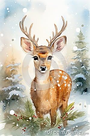 Christmas deer among snow fir-trees. Winter time. Watercolor style illustration Cartoon Illustration