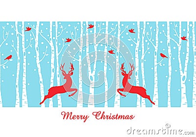 Christmas deers in birch tree forest, vector Vector Illustration