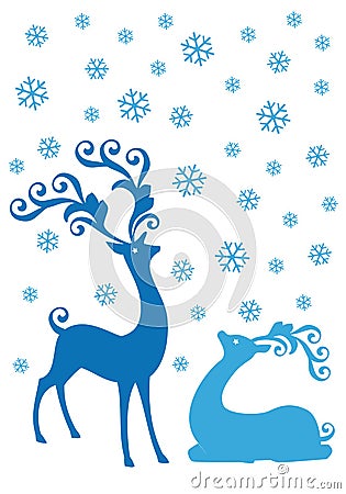 Christmas deers in snowfall, vector Vector Illustration