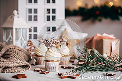 Christmas delicious cupcakes decorated with a gingerbread star Stock Photo