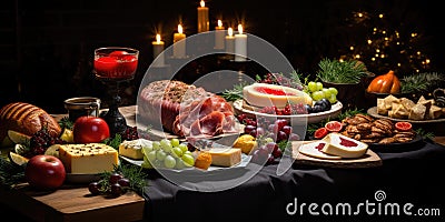 Christmas delicious festive table, many different delicious dishes. Generative AI Stock Photo