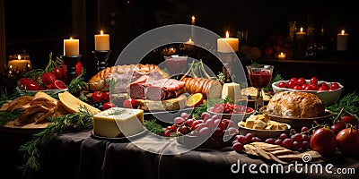 Christmas delicious festive table, many different delicious dishes. Generative AI Stock Photo