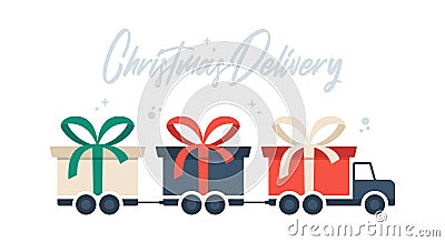 Christmas Delivery long truck with gift box. Free shipping vector illustration. Isolated delivery van with red bow. Gift box on Vector Illustration