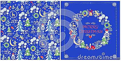 Christmas design with childish funny seamless wallpaper and greeting card with Xmas paper cutting wreath with snowy firs and trees Vector Illustration