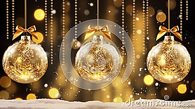 Christmas designs with a background featuring transparent glass balls adorned with snow, suspended from golden ribbons. Stock Photo