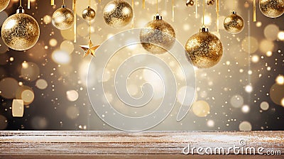 Christmas designs with a background featuring transparent glass balls adorned with snow, suspended from golden ribbons. Stock Photo