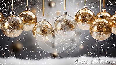 Christmas designs with a background featuring transparent glass balls adorned with snow, suspended from golden ribbons. Stock Photo