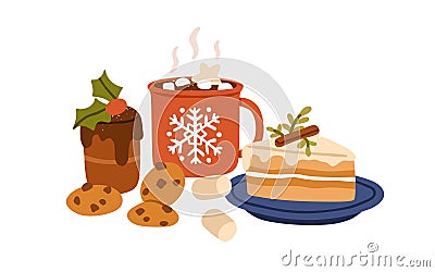 Christmas desserts, cocoa with marshmallow, cookies, cake piece. Festive hot drink in cup, holiday biscuits, pastry Vector Illustration