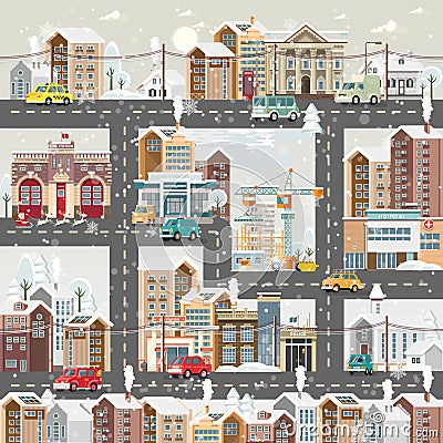 Christmas detailed snow day town with city roads, cars and cute houses. Happy New Year vector template in modern flat design. Vector Illustration