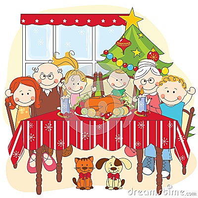 Christmas dinner.Big happy family together. Vector Illustration