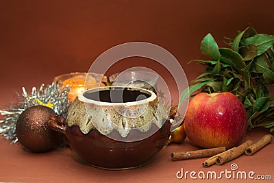 Christmas dinner: ceramic pot of hot steaming food Stock Photo