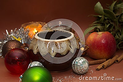 Christmas dinner: ceramic pot of hot steaming food Stock Photo