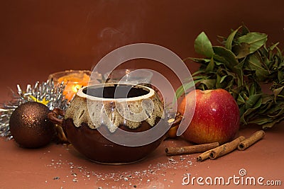 Christmas dinner: ceramic pot of hot steaming food Stock Photo