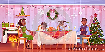 Christmas dinner happy family sit at festive table Vector Illustration