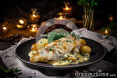 christmas dinner setting with plaice fillet and roasted potatoes on a black plate with festive lighting Stock Photo