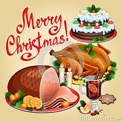 Christmas dinner, traditional christmas food and desserts Vector Illustration