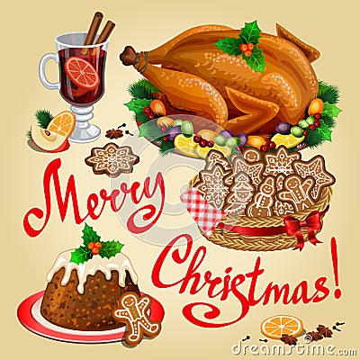 Christmas dinner, traditional christmas food and desserts Vector Illustration