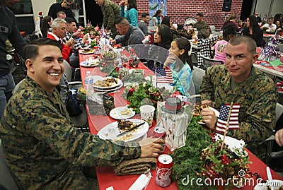 Christmas dinner for US Soldiers at Wounded Warrior Center, Camp Pendleton, North of San Diego, California, USA Editorial Stock Photo