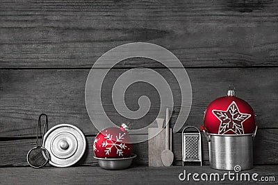Christmas dinner. Wooden grey background with decoration of old Stock Photo