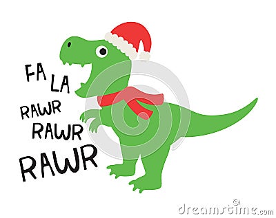 Christmas Dinosaur Wearing Santa hat and Red Scarf Vector Illustration