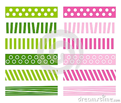 Christmas divider set. Collection of simple geometrical shapes border for xmas. Holiday header pattern with green and pink pastel Vector Illustration