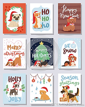 Christmas 2018 dog card vector cute cartoon puppy characters illustration home pets doggy Xmas print design web banner Vector Illustration