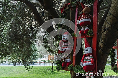 Christmas dolls ganging from trees Stock Photo